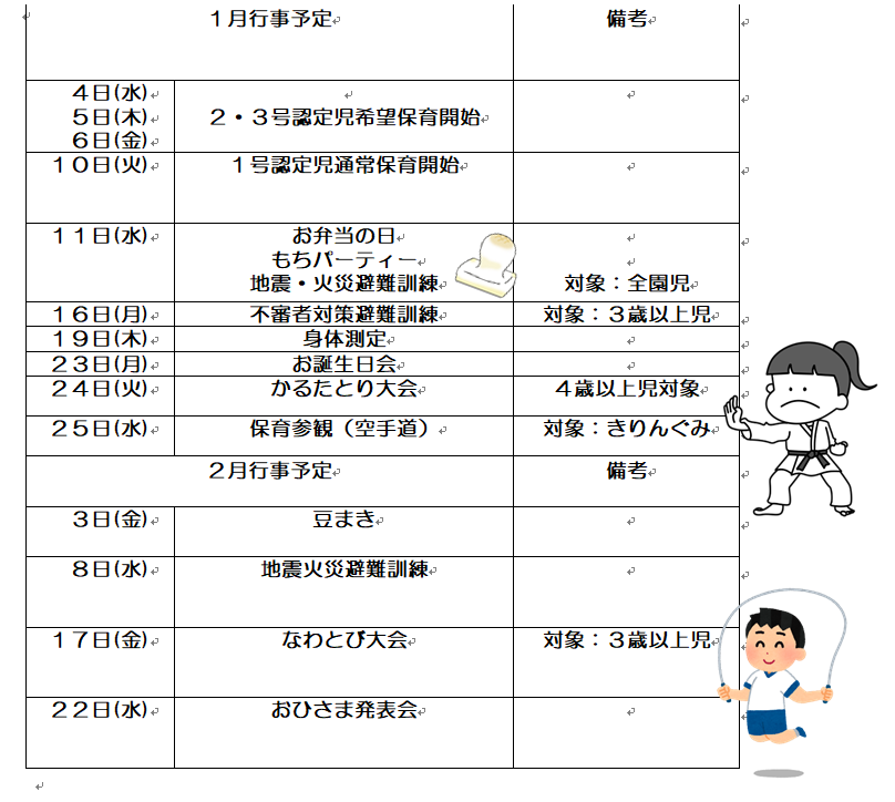 １，2月行事予定